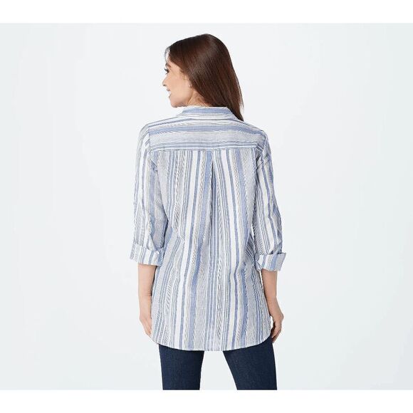 Susan Graver Womens 3X Yarn Dyed Button Front Shirt Blue Stripe Chest Pockets NW - Picture 2 of 4